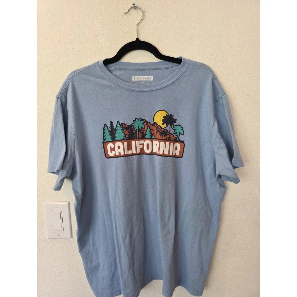 STATE OF MINE California Spellout Sz XL Blue Palm‎ Tree Sun Mountain Graphic